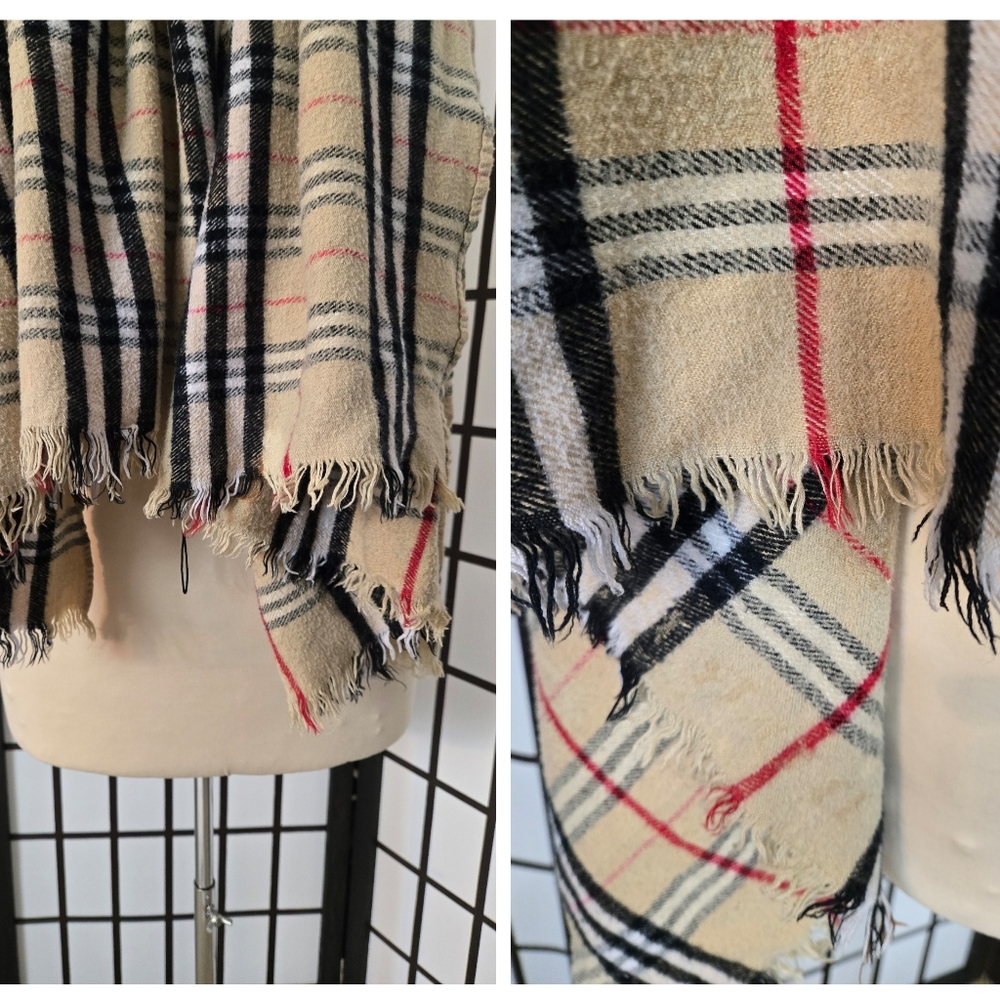 Burberry Tan Plaid/Check Short Frayed Edge Heritage Camel Scarf - Picture 7 of 12